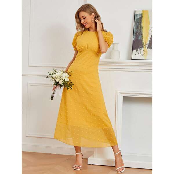 

Swiss Dot Puff Sleeve A-line Dress, Yellow