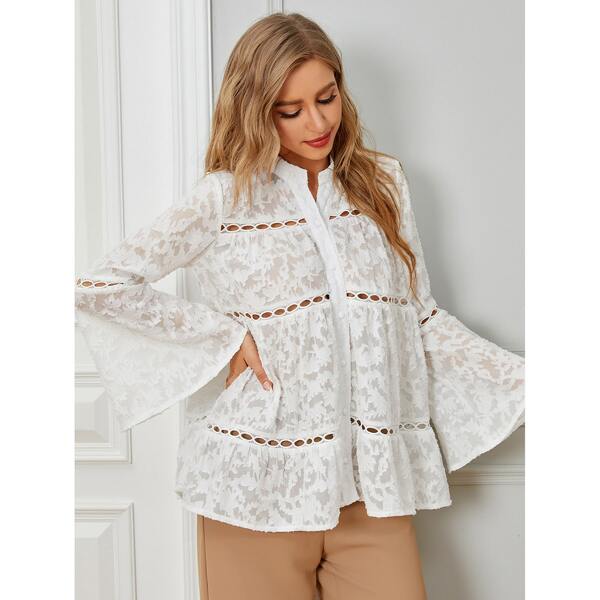 

Notch Neck Button Up Blouse, White