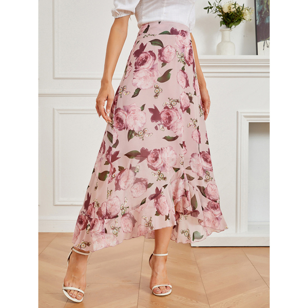 

Allover Floral Print High Low Ruffle Hem Skirt, Pink