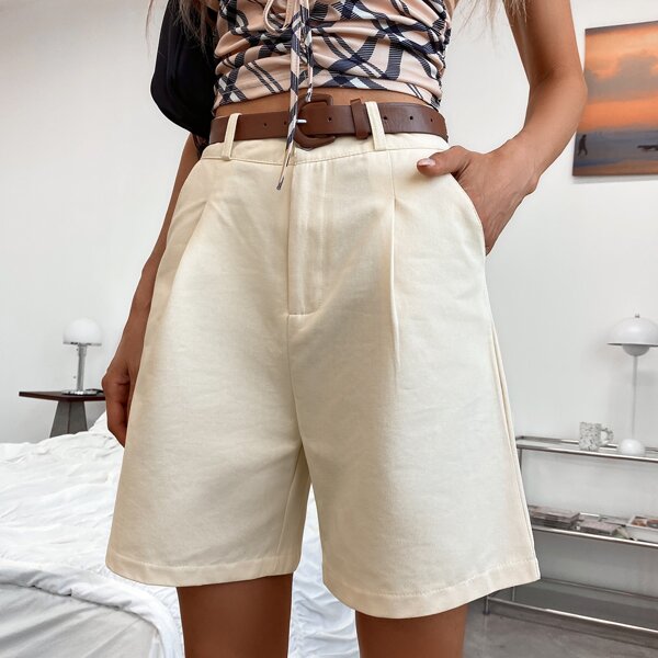 

Solid Wide Leg Bermuda Shorts Without Belt, Beige