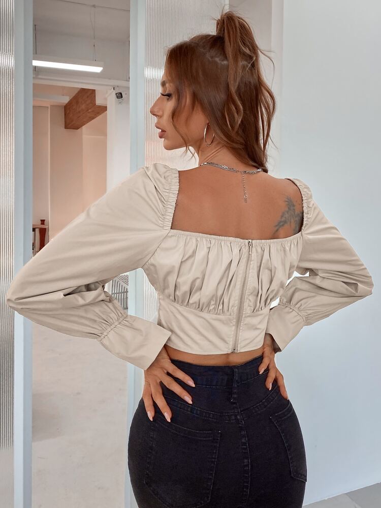 Solid Zip Back Crop Blouse Fall Cloth For Women