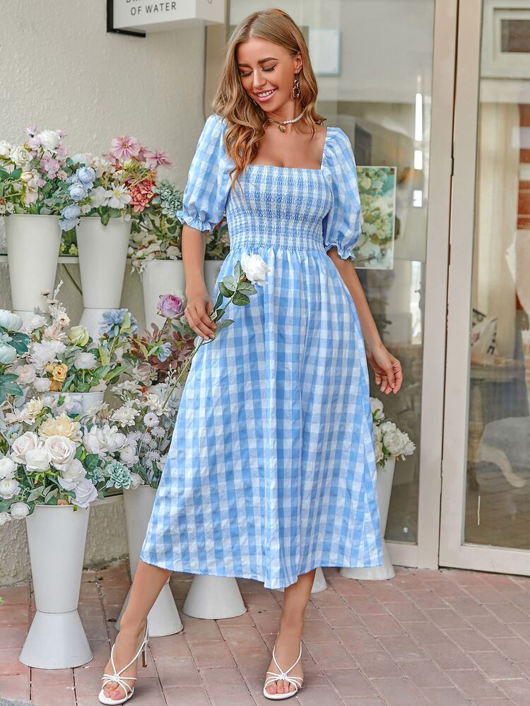 Vestido con abertura lateral bodice con fruncido de guingán - Celeste - Añade 4