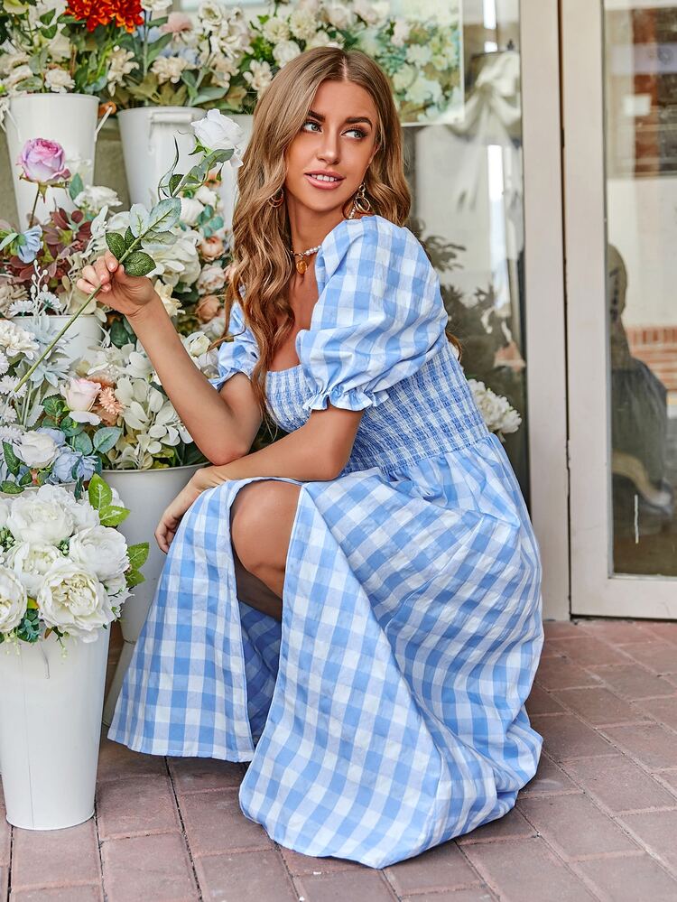 Vestido con abertura lateral bodice con fruncido de guingán - Celeste - Añade 5