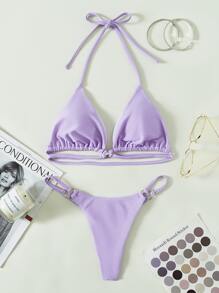 SHEIN Swim Summer Beach Ring Linked Halter Bikini Set - Lilac Purple - View 1