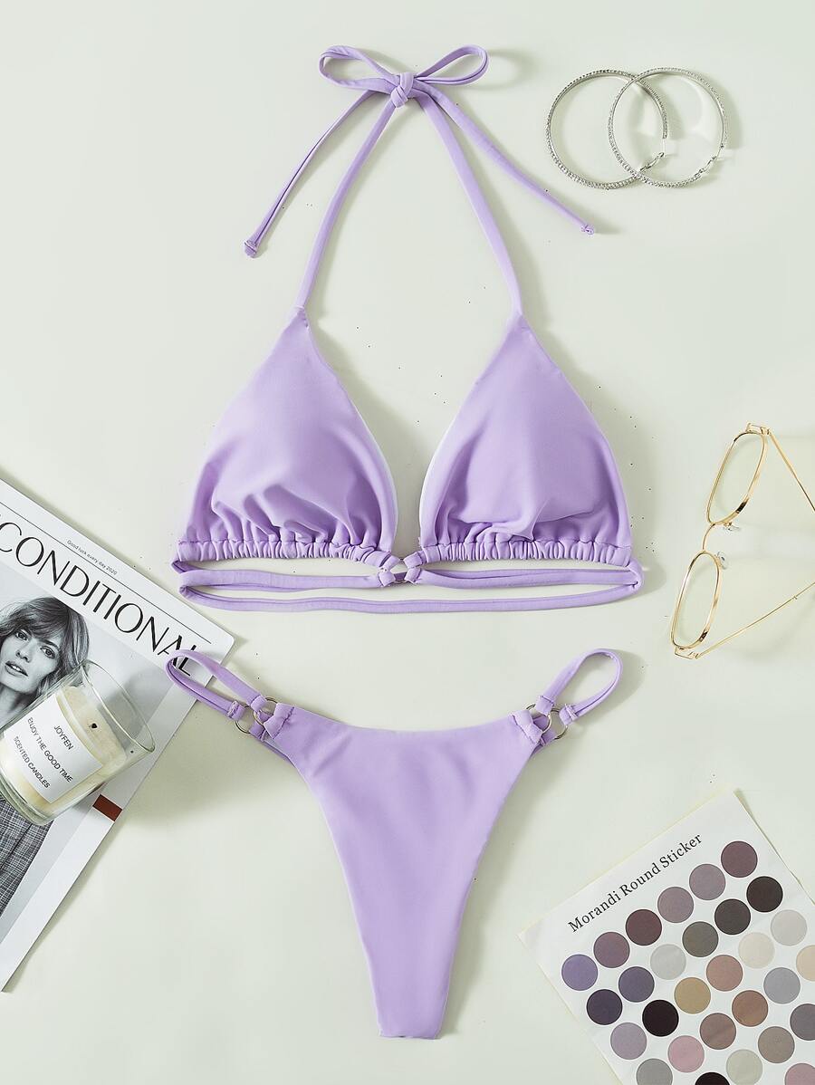 SHEIN Swim Summer Beach Ring Linked Halter Bikini Set - Lilac Purple - View 1