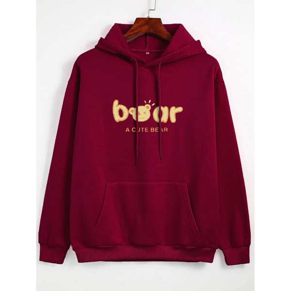 

Cartoon And Letter Graphic Kangaroo Pocket Drawstring Hoodie, Rose red