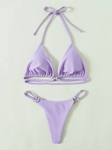 SHEIN Swim Summer Beach Ring Linked Halter Bikini Set - Lilac Purple - View 6