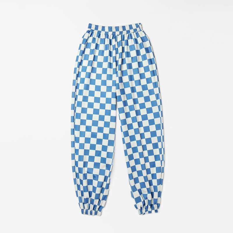 

Checkerboard Elastic Waist Joggers, Blue and white