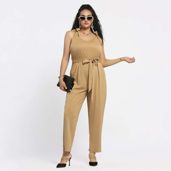 

Plus Solid Belted Knotted Jumpsuit, Khaki