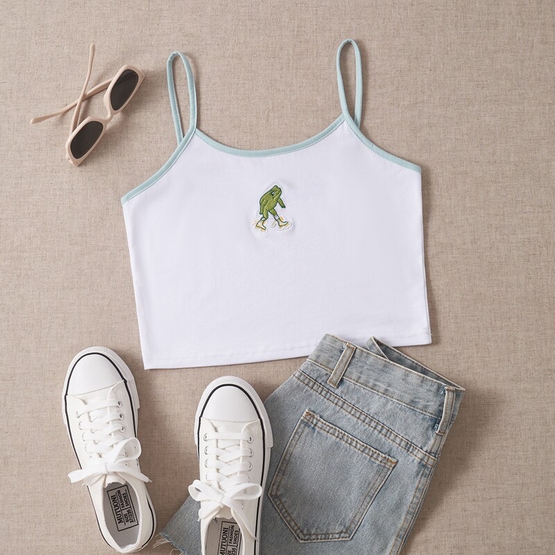 

Frog Embroidery Ringer Crop Cami, White