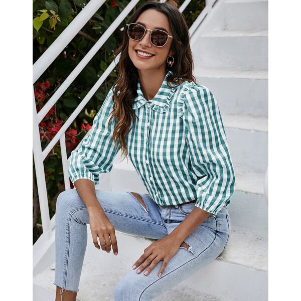 

Frill Trim Gingham Blouse, Green