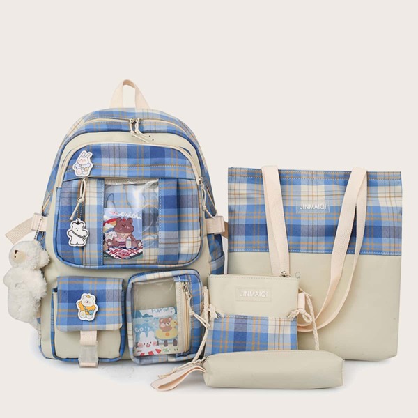

4Pcs Plaid Pattern Cartoon Decor Bag Set, Blue