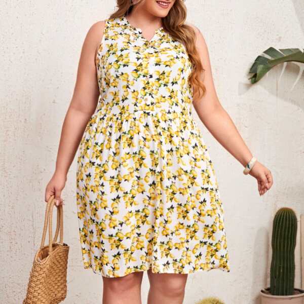 

Plus Allover Lemon Print Notched Dress, Multicolor