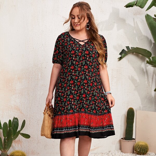

Plus Floral Print Crisscross Ruffle Hem Dress, Multicolor