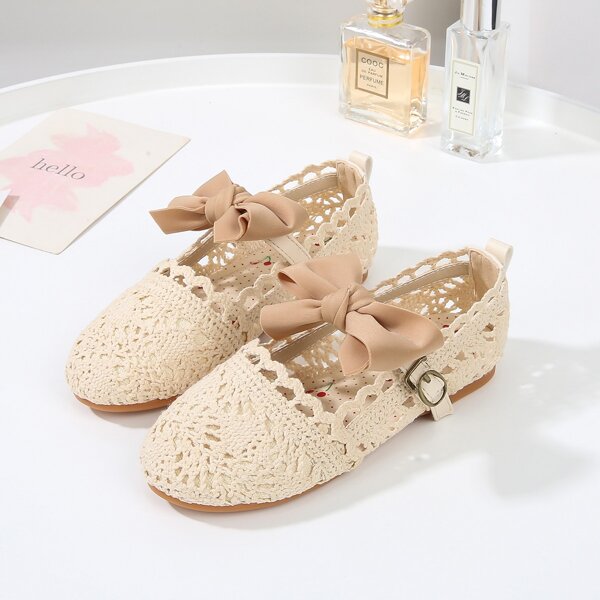 

Girls Bow Decor Crochet Lace Flats, Beige
