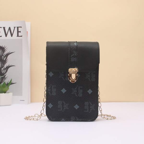 

Slogan Graphic Push Lock Phone Bag, Black