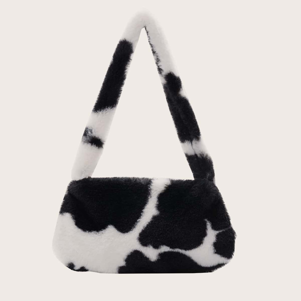

Cow Pattern Fluffy Shoulder Bag, Black and white