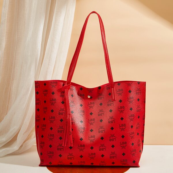 

Tassel Decor Slogan Graphic Tote Bag, Red