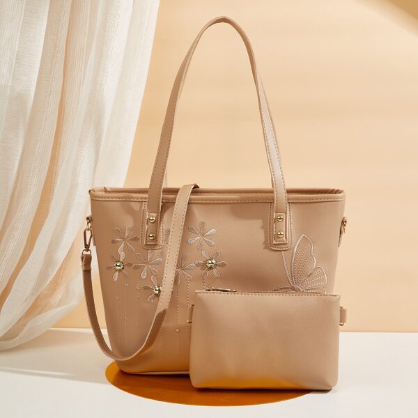 

Floral Embroidery Tote Bag With Inner Pouch, Khaki