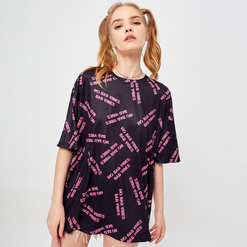 

Slogan Graphic Drop Shoulder Longline Tee, Black
