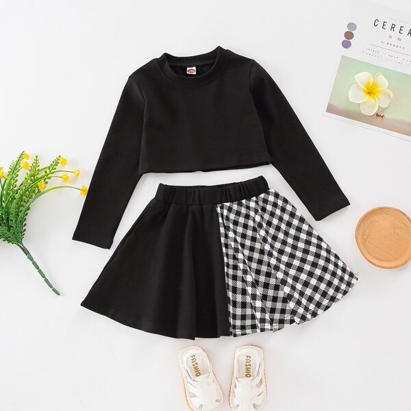 

Toddler Girls Crop Tee With Gingham Spliced Flared Skirt, Black and white