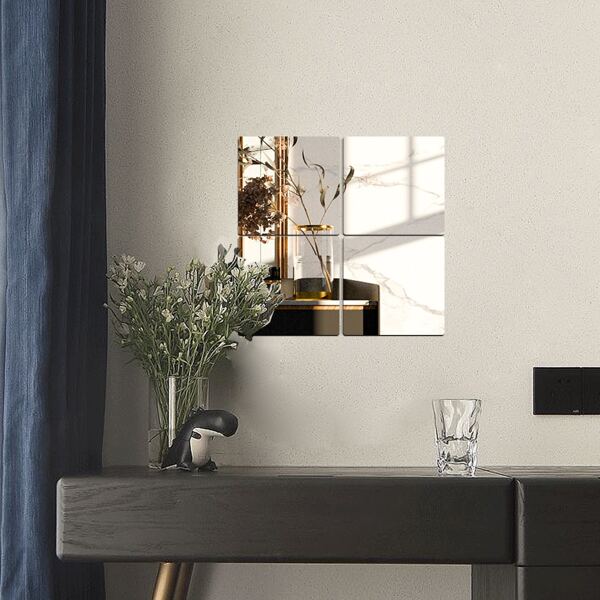 

4pcs Square Mirror Surface Wall Sticker, Silver