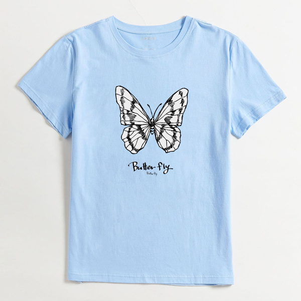 

Butterfly & Letter Graphic Tee, Baby blue