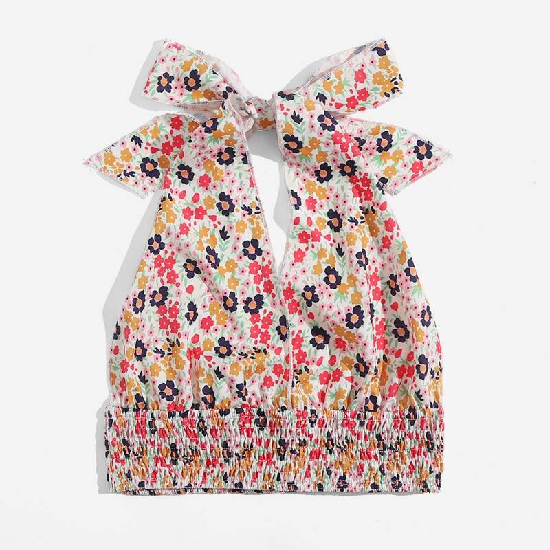 

Floral Print Knot Shirred Halter Top, Multicolor