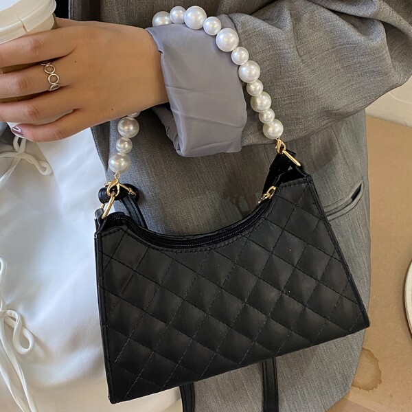 

Faux Pearl Decor Quilted Satchel Bag, Black