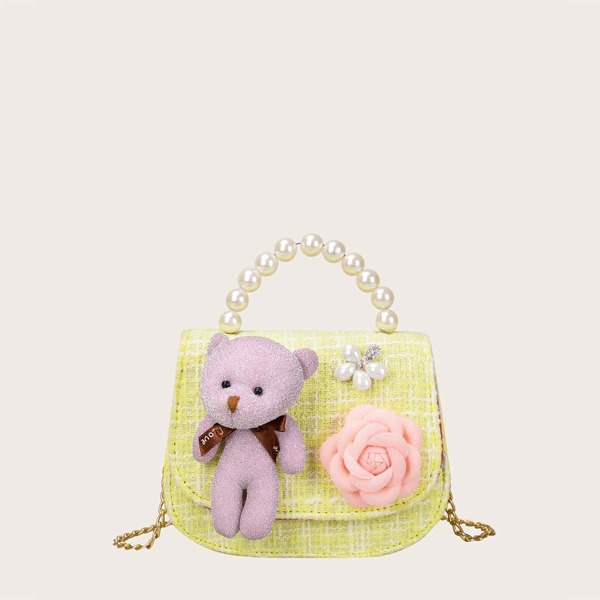 

Girls Faux Pearl Decor Flap Satchel Bag, Yellow