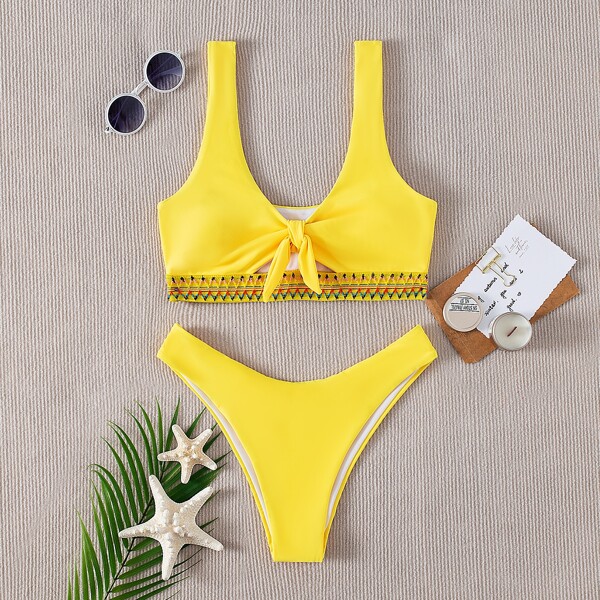 

Cut-out Knot Front Bikini Swimsuit, Yellow