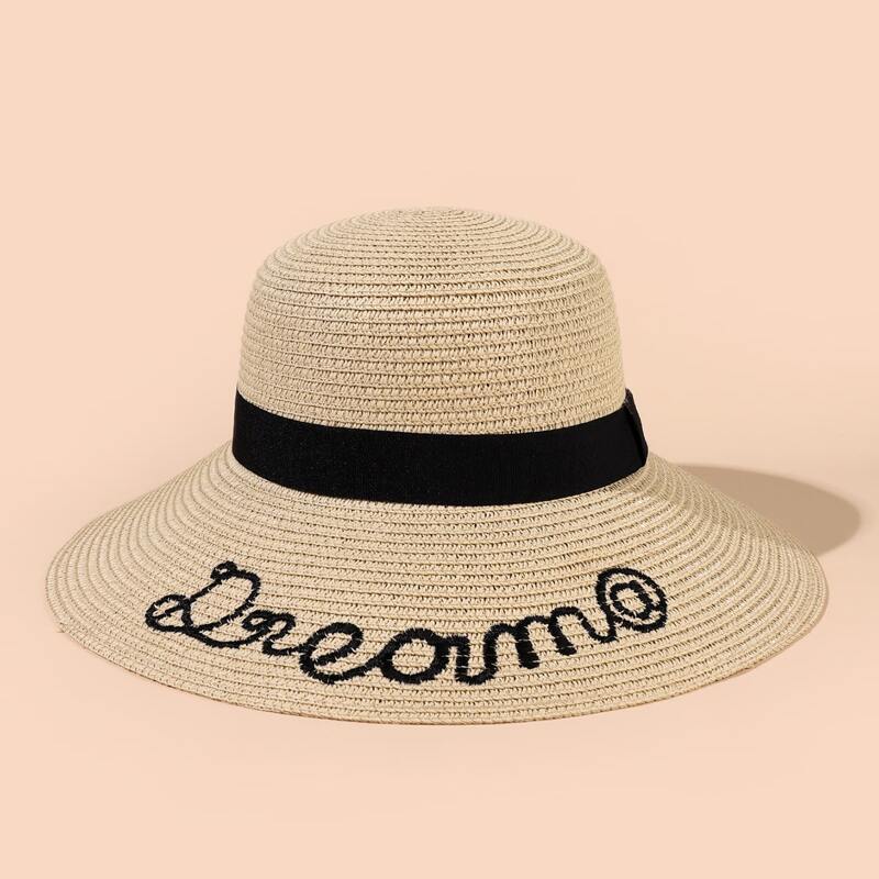 

Letter Embroidery Straw Hat, Beige