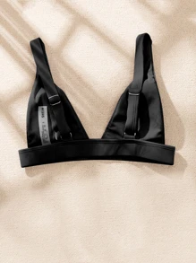 Swim Basics Summer Beach Ribbed V Neck Bikini Top - Black - View 2