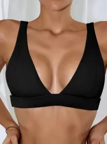 Swim Basics Summer Beach Ribbed V Neck Bikini Top - Black - View 3