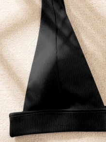 Swim Basics Summer Beach Ribbed V Neck Bikini Top - Black - View 4