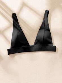 Swim Basics Summer Beach Ribbed V Neck Bikini Top - Black - View 5