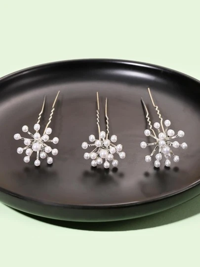 3 件套仿珍珠装饰发夹优雅头饰发梳适用于头发侧梳、学校用品、婚礼