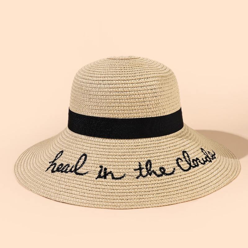 

Letter Embroidery Straw Hat, Beige