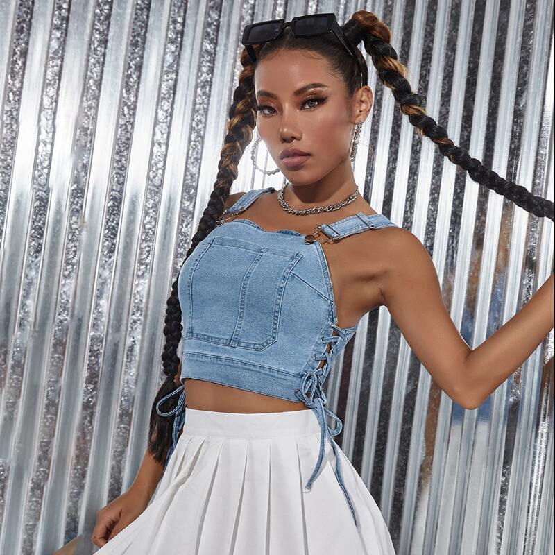 

Lace Up Side Denim Top, Light wash