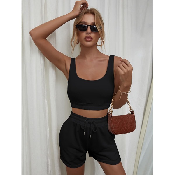 

Solid Crop Tank Top & Shorts Set, Black