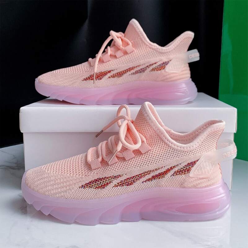 

Lace Up Decor Knit Running Shoes, Baby pink