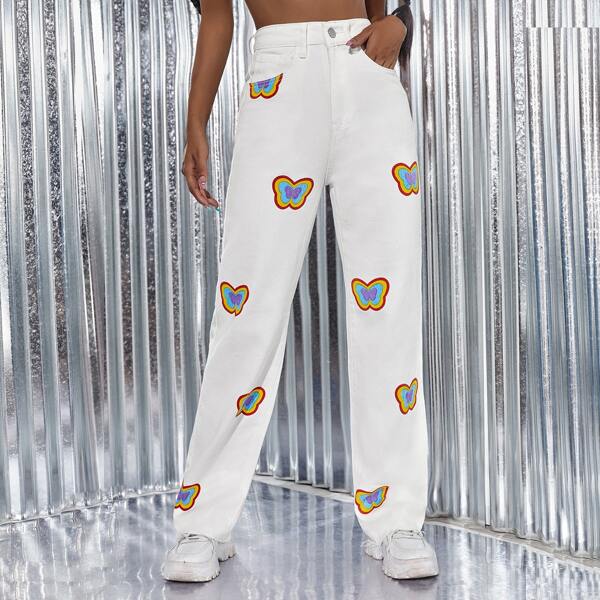 

High Waist Butterfly Print Jeans, White