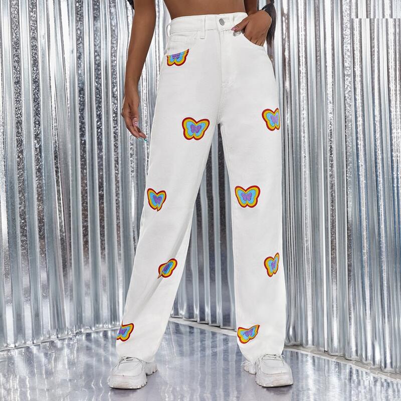 

High Waist Butterfly Print Jeans, White