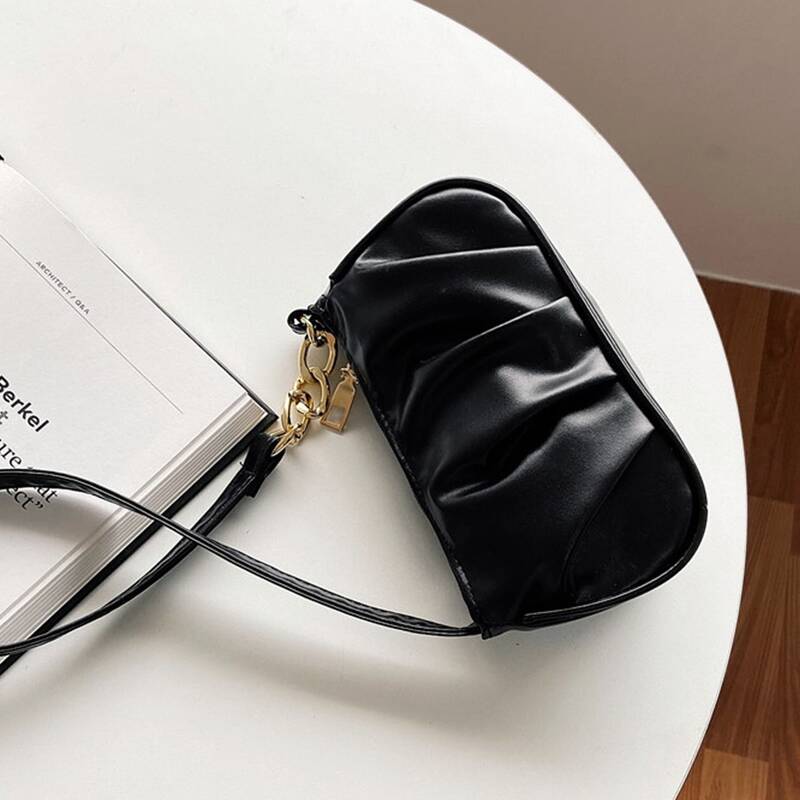

Solid Ruched Baguette Bag, Black