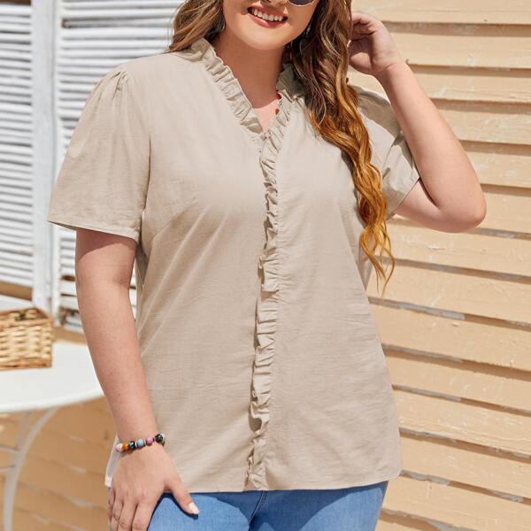 

Plus Frill Trim V-neck Blouse, Apricot