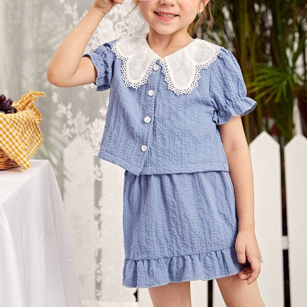 

Toddler Girls Contrast Doll Collar Blouse & Skirt, Dusty blue