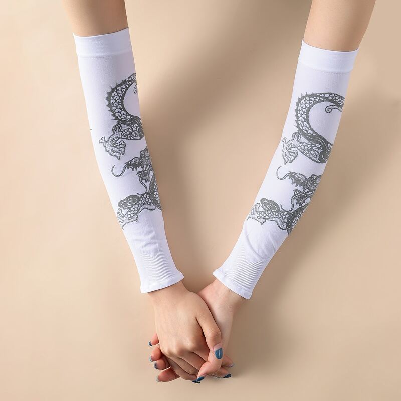 

Dragon Long Fingerless Gloves, White