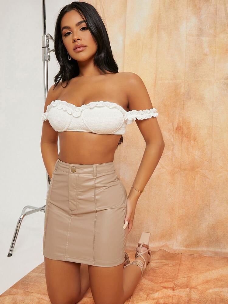 Off Shoulder Frill Trim Shirred Bustier Crop Top
