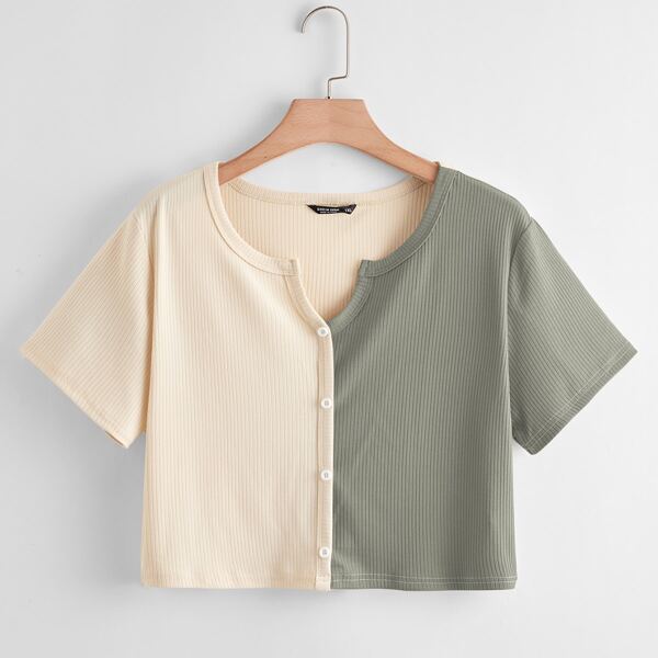 

Plus Button Front Notch Neck Two Tone Top, Multicolor