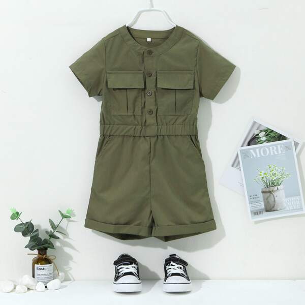 

Toddler Boys Half Button Flap Pockets Shirt Romper, Army green